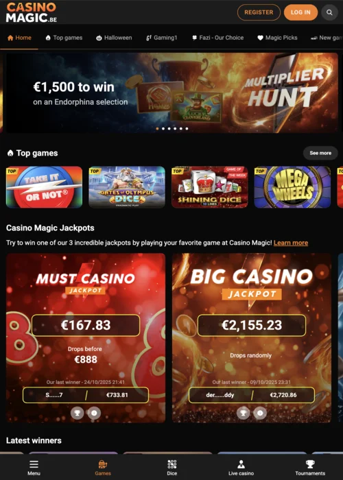 MagicWins Casino hoofdpagina met magische jackpots en betoverende gokautomaten